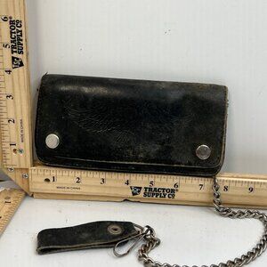 Vintage Genuine Cowhide Women's Leather Biker Chain Wallet Black Snap Trifold